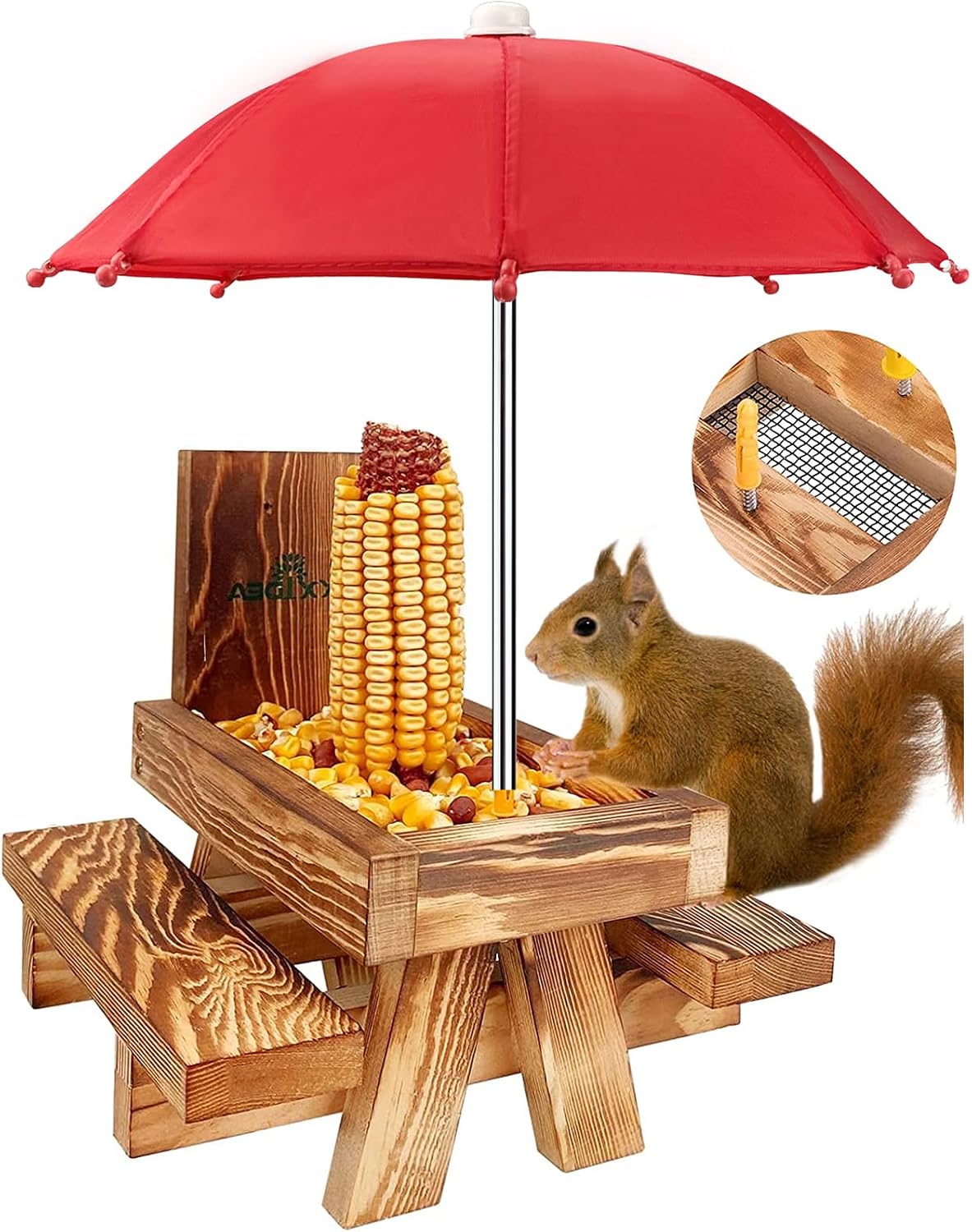Squirrel Feeder Picnic Table with Tall Umbrella, Wooden Squirrel Feeders for Outside, Cute Chipmunk Feeder with Corn