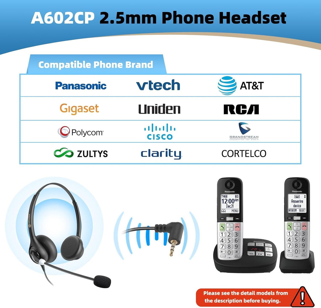 Cordless Phone Headset with Microphone, 2.5mm Jack Telephone Headset for Office Landline, Noise-Cancelling Mic &