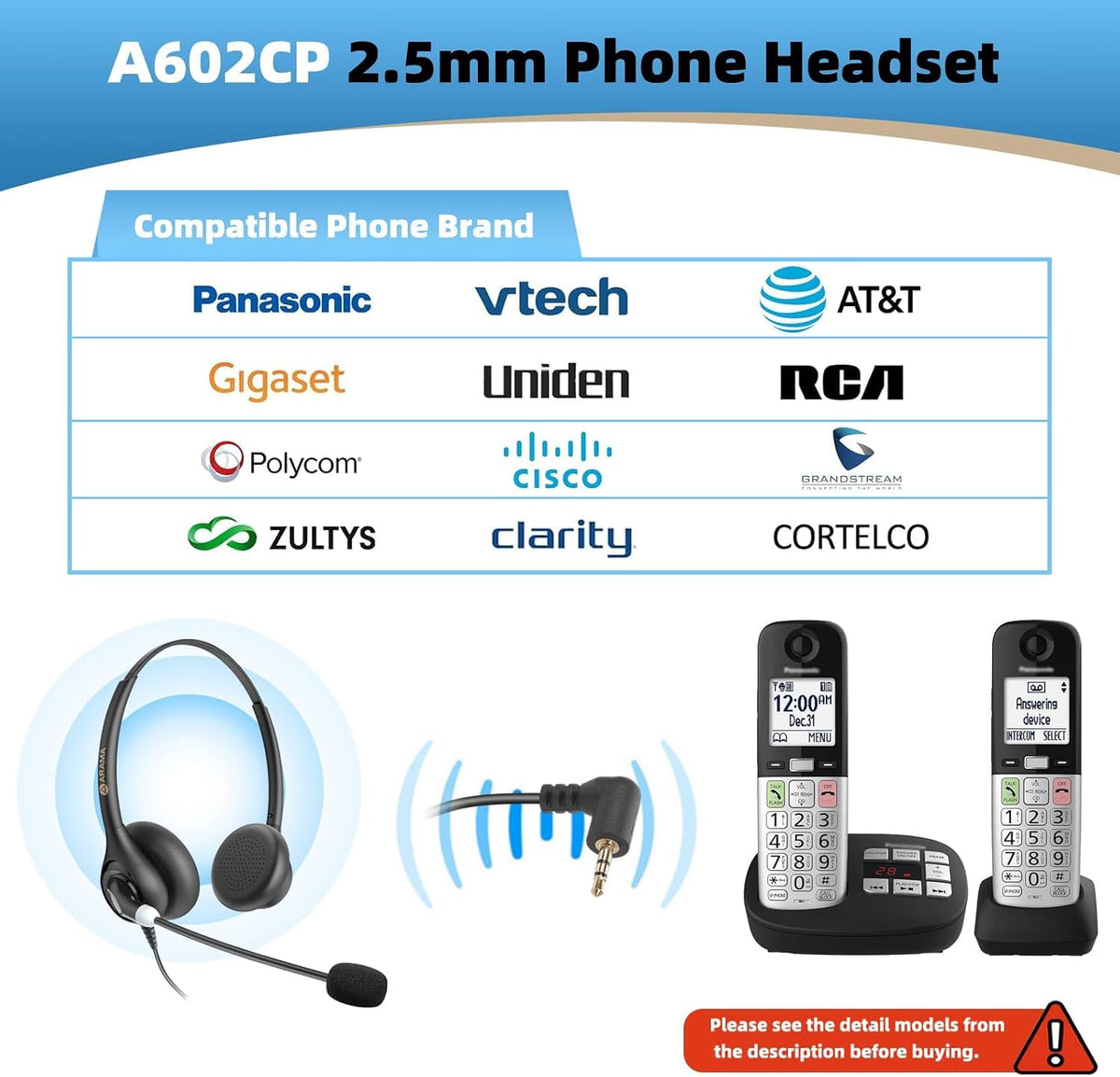 Cordless Phone Headset with Microphone, 2.5mm Jack Telephone Headset for Office Landline, Noise-Cancelling Mic &