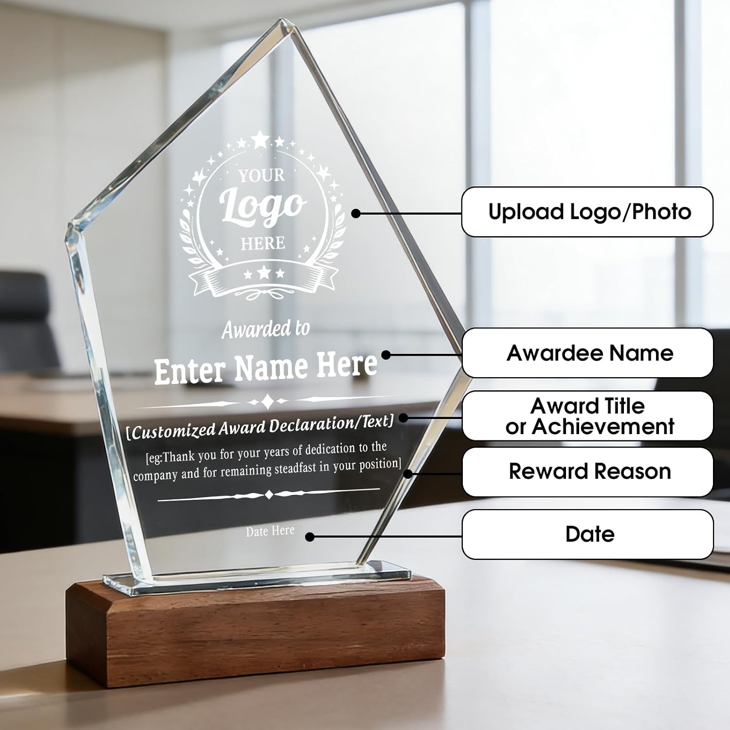 Personalized Crystal Award Trophy for Employee Recognition | Custom Logo & Text Engraved Crystal Award for Corporate