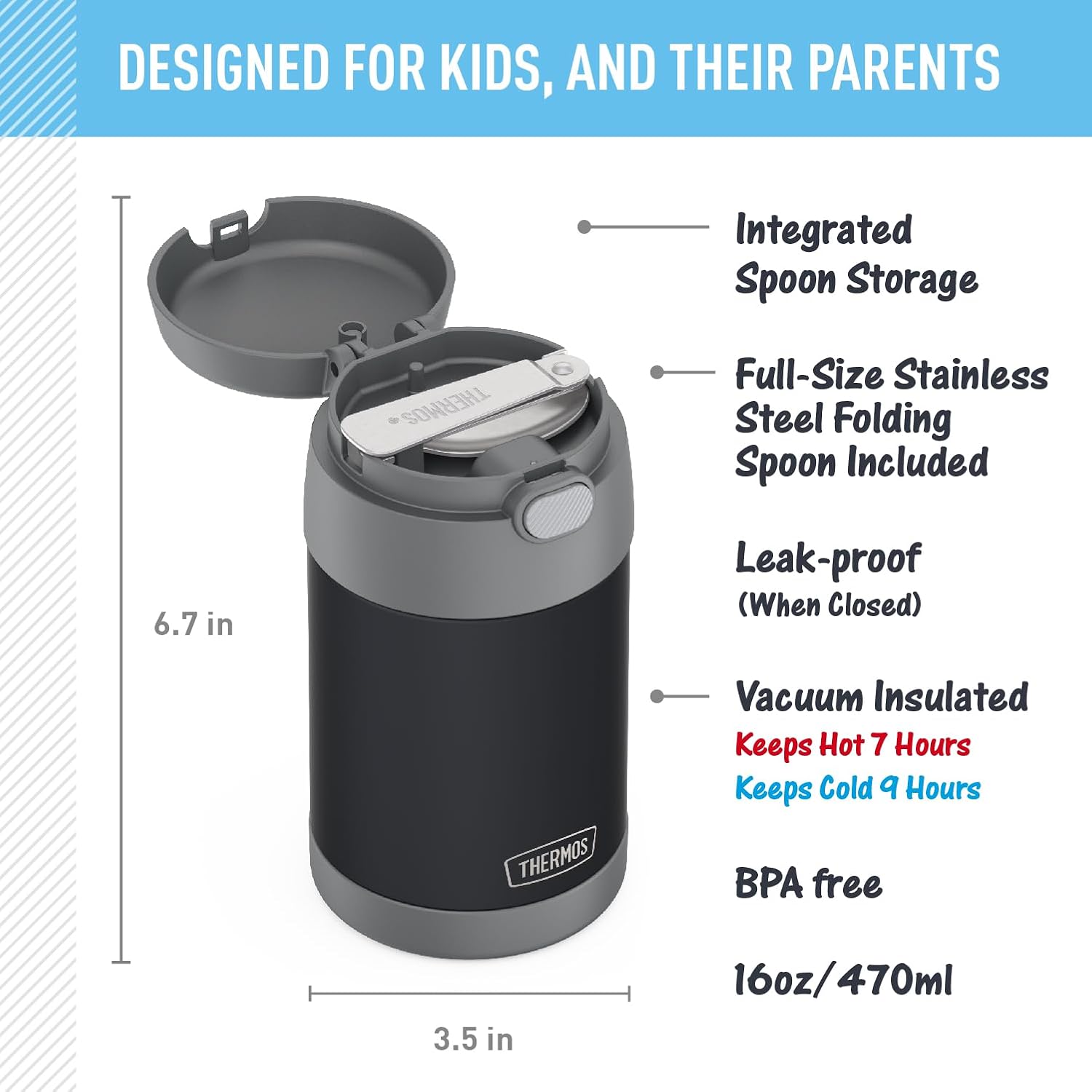 FUNTAINER Food Jar with Spoon, 16oz, Matte Charcoal | Kid-Friendly Stainless Steel Insulated Food Container, Keeps