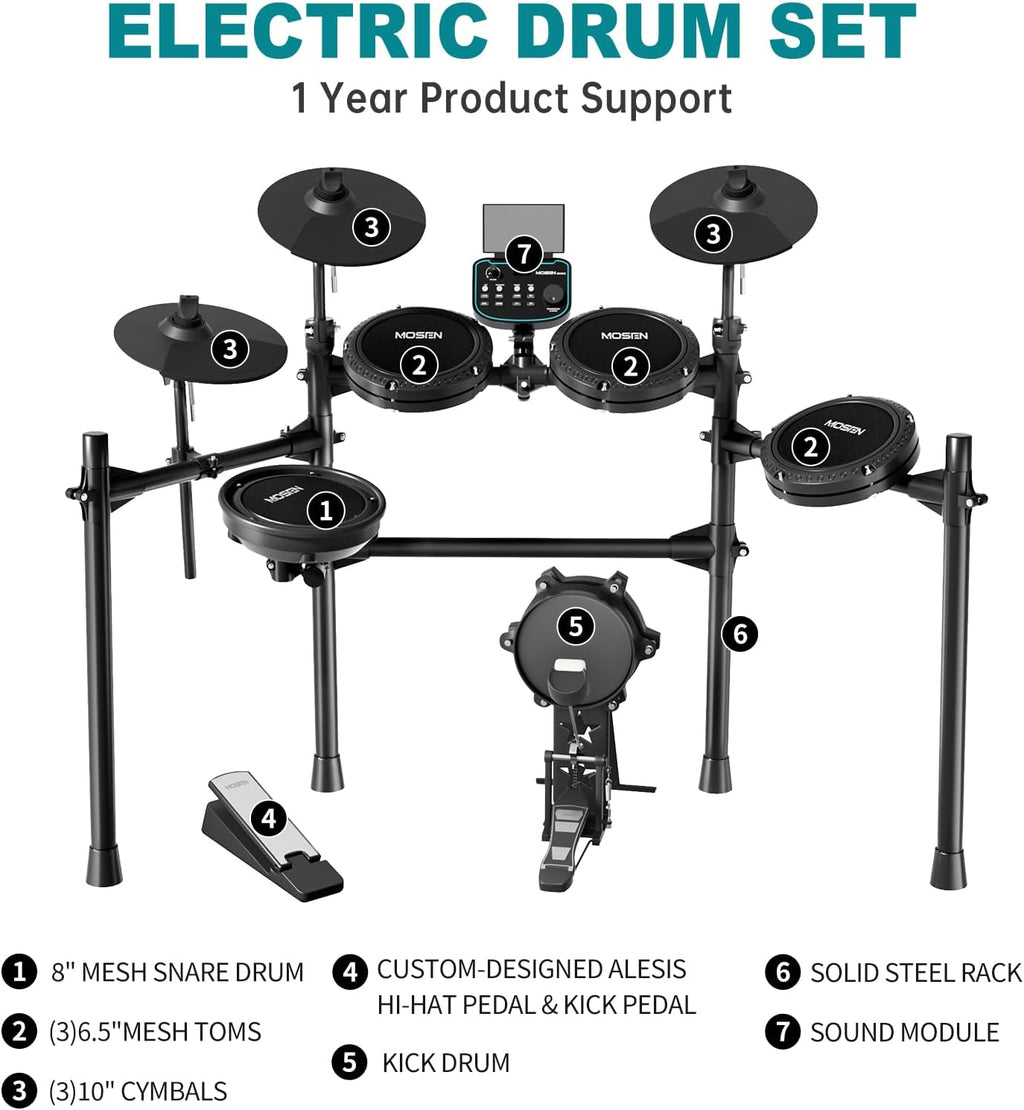 MOSEN MED-X5 Electric Drum Set Mesh Drum Pads, Phone Holder, Sticks, Adjustable cymbals, Kick drum, Headphones, USB