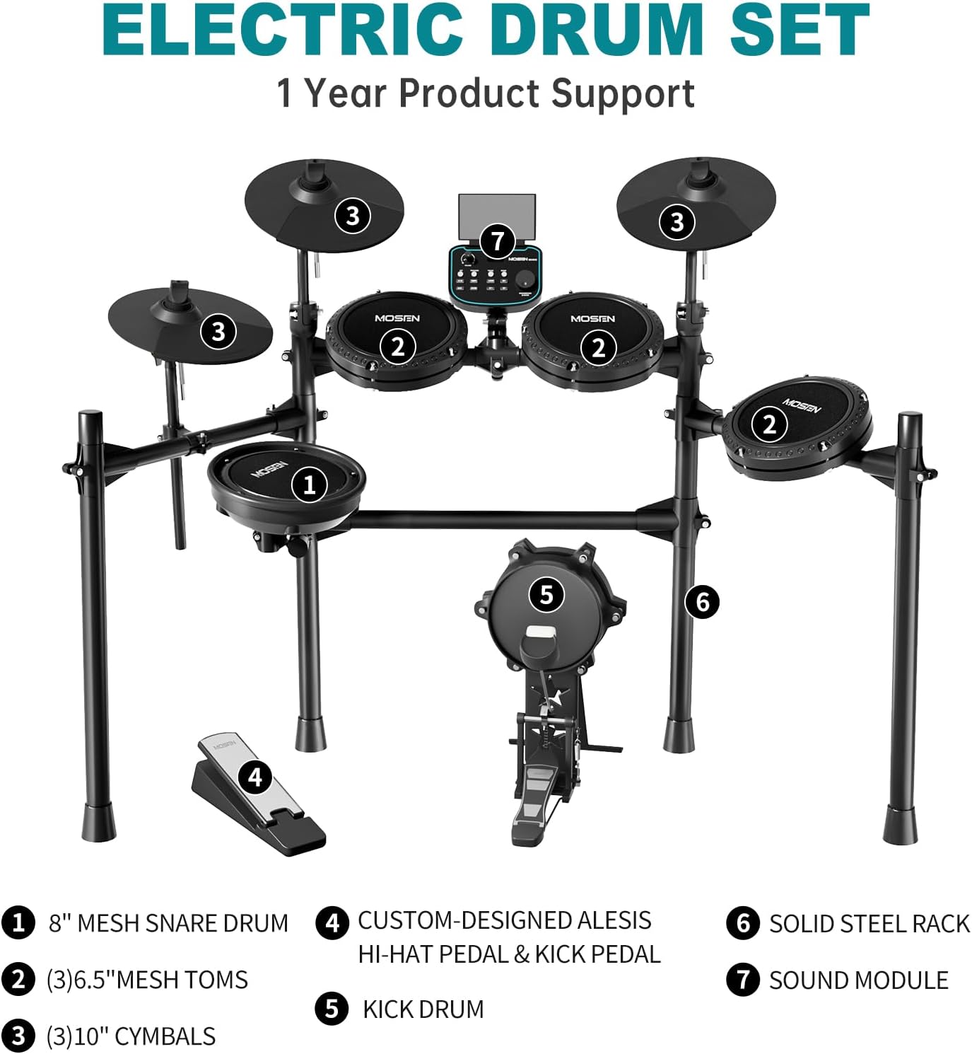 MOSEN MED-X5 Electric Drum Set Mesh Drum Pads, Phone Holder, Sticks, Adjustable cymbals, Kick drum, Headphones, USB