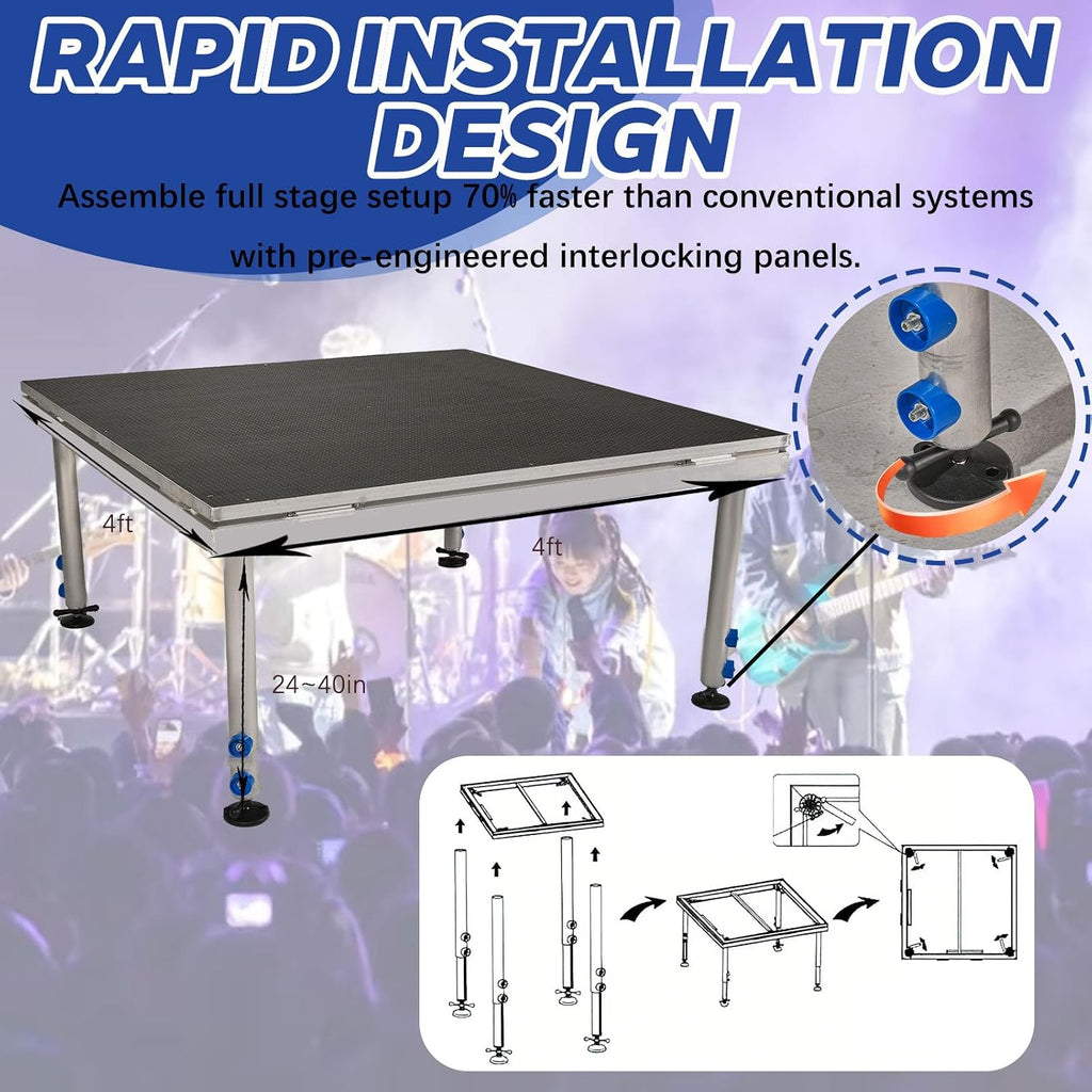 PS02 4 X 4 Portable Stage Platform Modular System with Height Adjustable Riser (24" - 39")