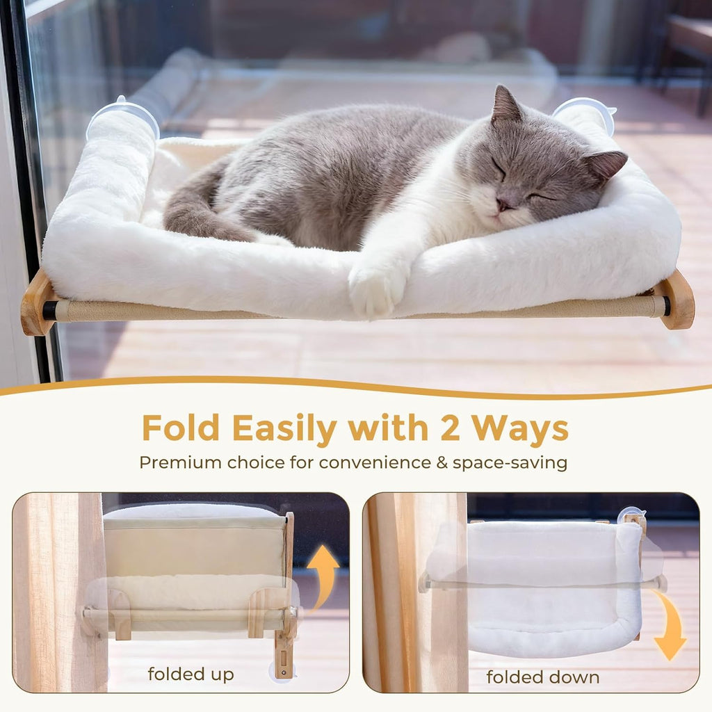Foldable Cat Window Perch, Cloud-Soft Cat Bed with Solid Wood Frame, Strong Suction Cup, Washable Cushion, Stable