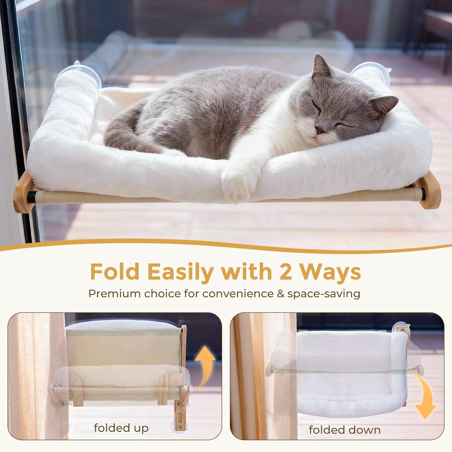 Foldable Cat Window Perch, Cloud-Soft Cat Bed with Solid Wood Frame, Strong Suction Cup, Washable Cushion, Stable