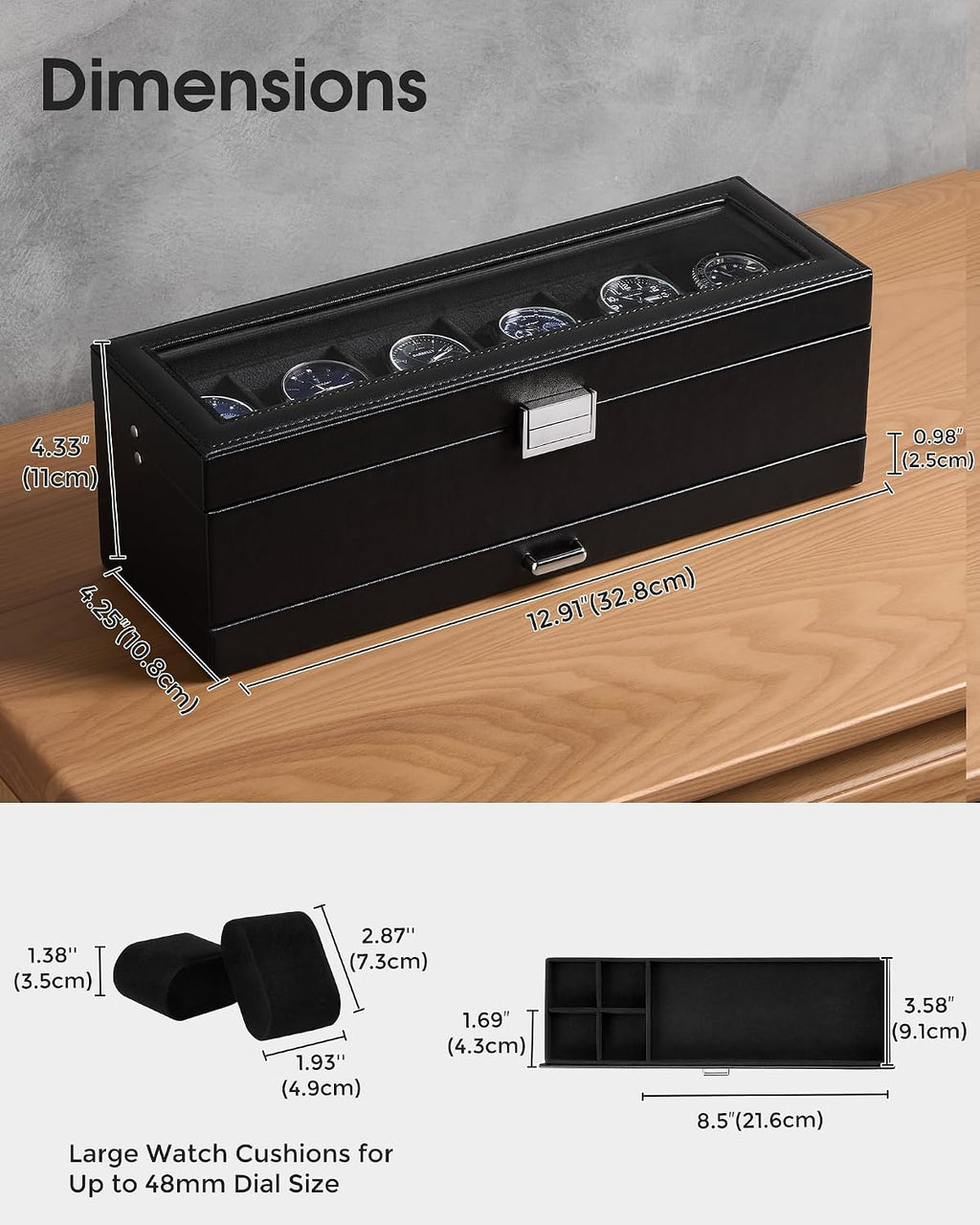 6-Slot Watch Case for Men, Mens Jewelry Box with Glass Lid -Black | Watch & Jewelry Box with Drawer, Easy-Clean PU