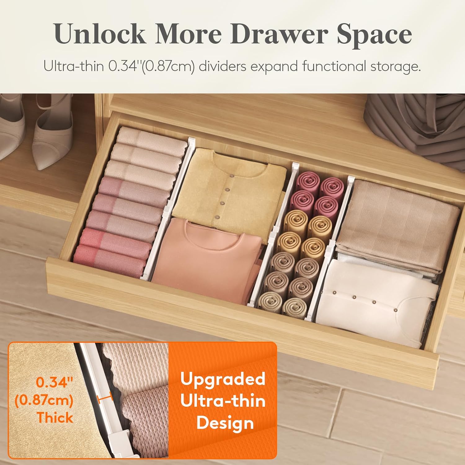 Drawer Dividers for Clothes, 3.2" High 10.5"-16.5" Expandable Dresser Drawer Organizers, Adjustable White Plastic
