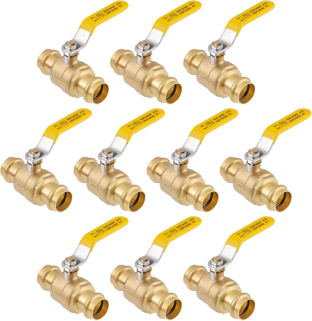 1/2" Brass Press Ball Valve, 1/4-Turn Full Port Valve (10-Pack)