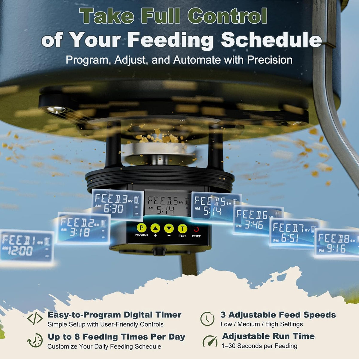 6V Deer Feeder Kit with Digital Timer, Dual Power (Solar Ready & Battery Backup), 1–8 Feedings Per Day, Adjustable