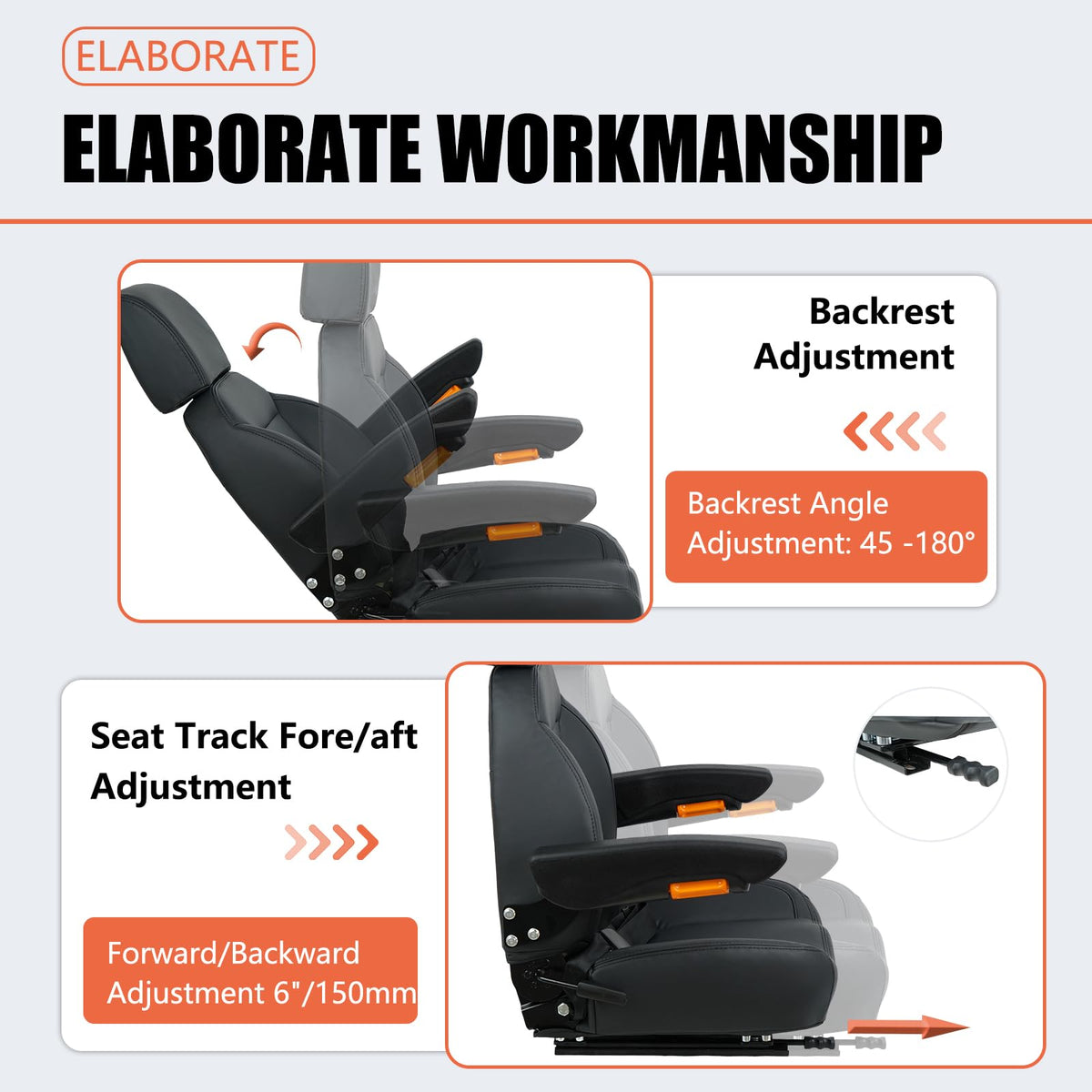 TICSEA Universal Tractor Seat, Forklift Seat with Seatbelt and Adjustable Backrest Headrest Armrests for Boat Excavator Harvester Loader Backhoe Dozer Telehandler(Black)