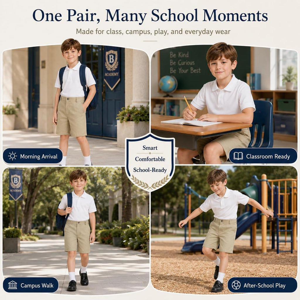 Boys Uniform Shorts Summer School Flat Front Chino Dress Shorts for Kids Teens