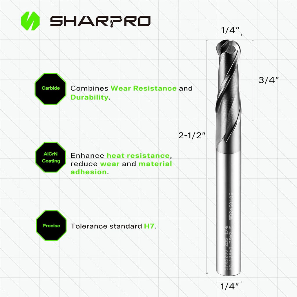 1/4'' Shank Carbide Ball Nose End Mill Bits, 2 Flute Solid Carbide
