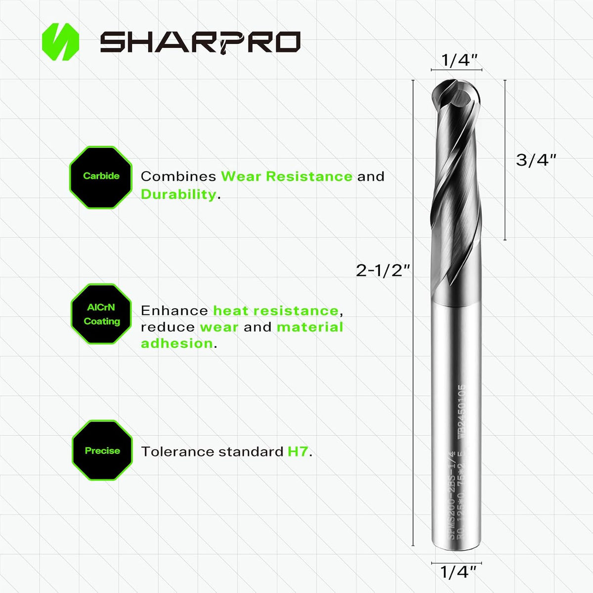 1/4'' Shank Carbide Ball Nose End Mill Bits, 2 Flute Solid Carbide