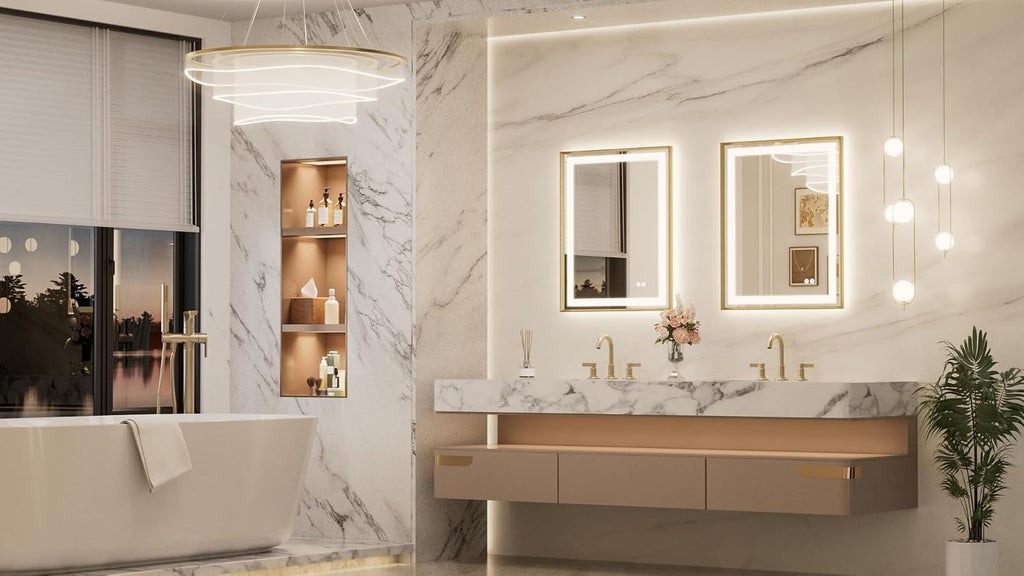24x30 Inch Gold LED Bathroom Mirror with Light, Frontlit & Backlit | Beveled Edge, Lighted Bathroom Mirror, HD