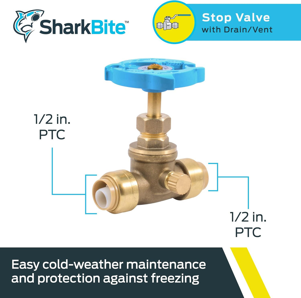SharkBite 1/2 Inch Stop Valve with Drain and Vent, Push to Connect Brass Plumbing Fitting, PEX Pipe, Copper, CPVC, PE-RT, HDPE, 24634LF