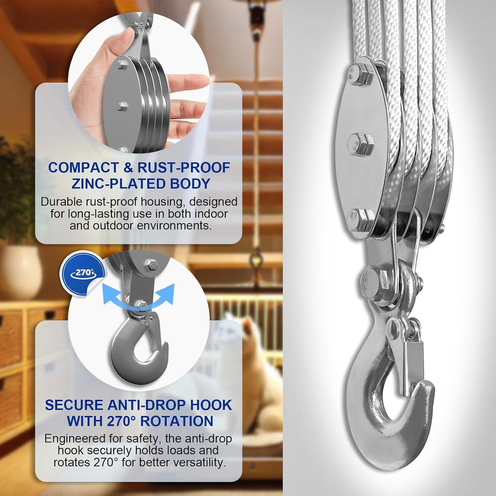 Block and Tackle Pulley System, Upgraded 4-Wheel Rope Pulley Hoist, 8:1 Lifting Power, 2200LB Work Load with 65Ft of