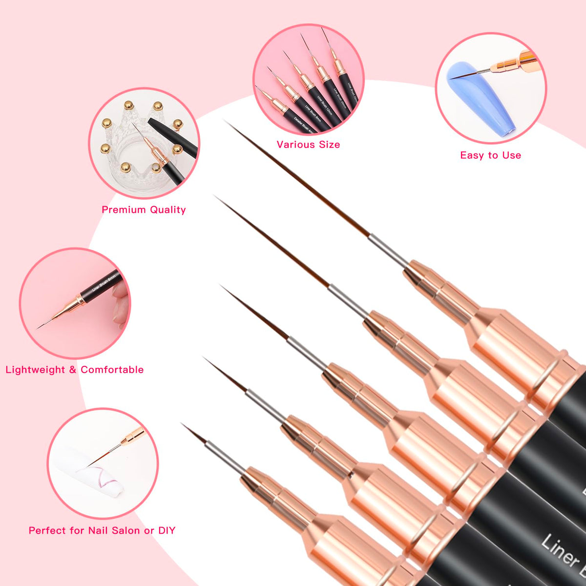 Metallic Nail Art Brushes, 5Pcs Liner Brushes for Nails, Black