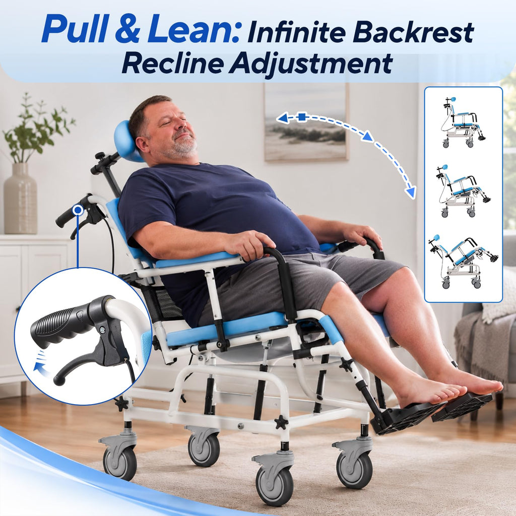 Reclining Shower Wheelchair with Commode Bucket