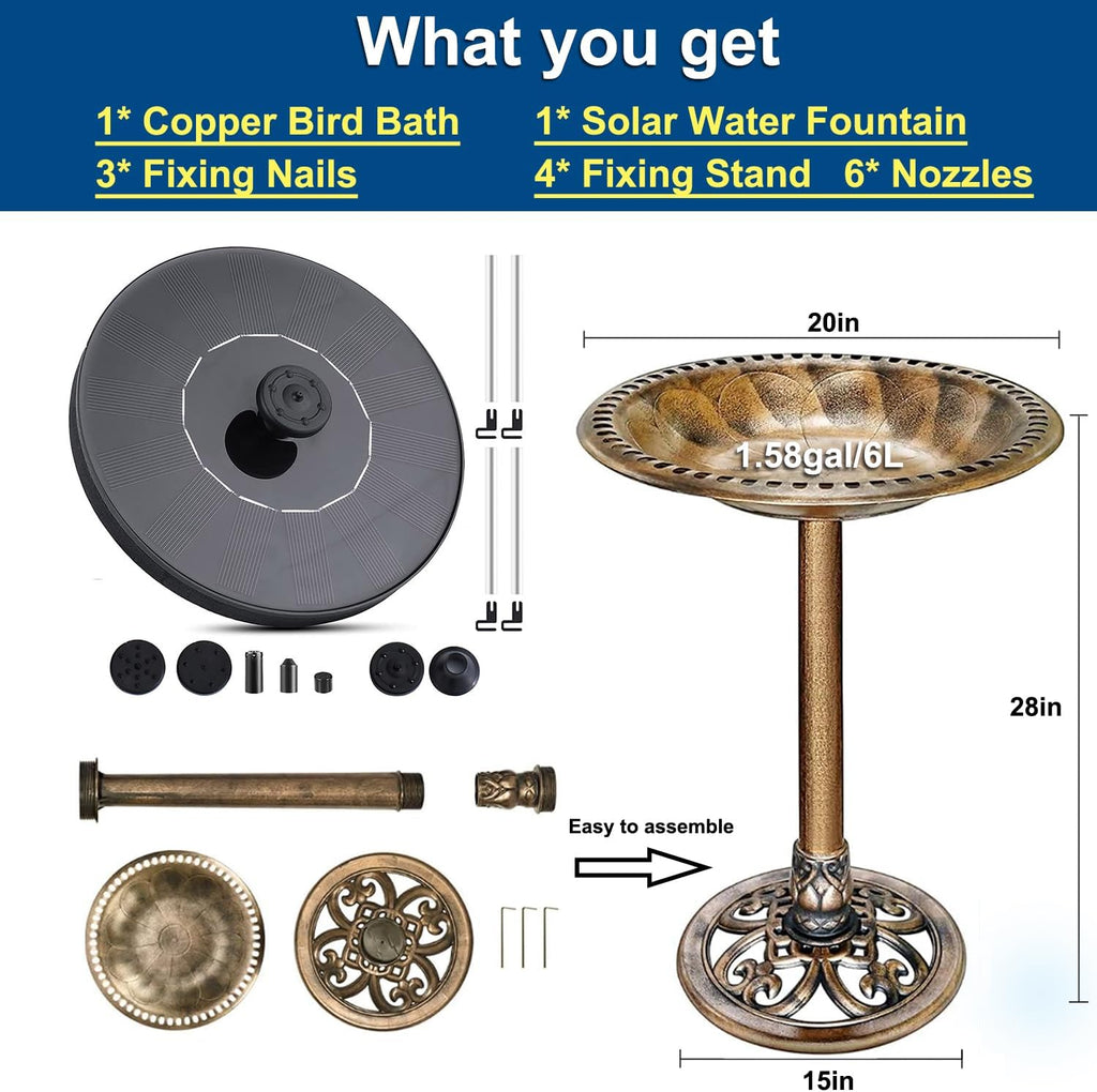 Bird Bath with Solar Fountain, 20in Copper Bowls for Outdoors Garden Yard