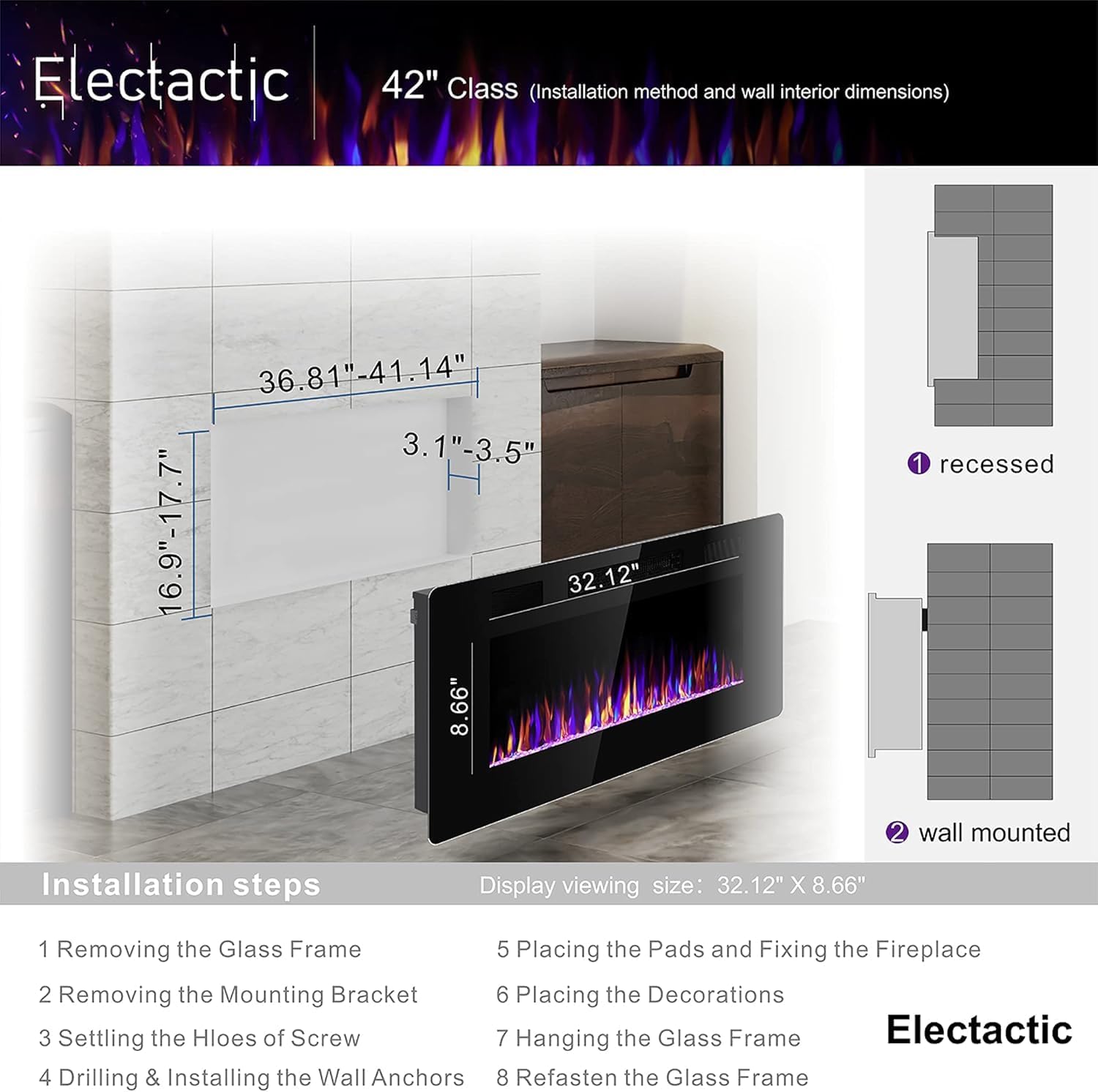 42 Inch Electric Fireplace Insert Ultra-Thin - Recessed & Wall-Mounted Fireplace Heater with Thermostat, Adjustable
