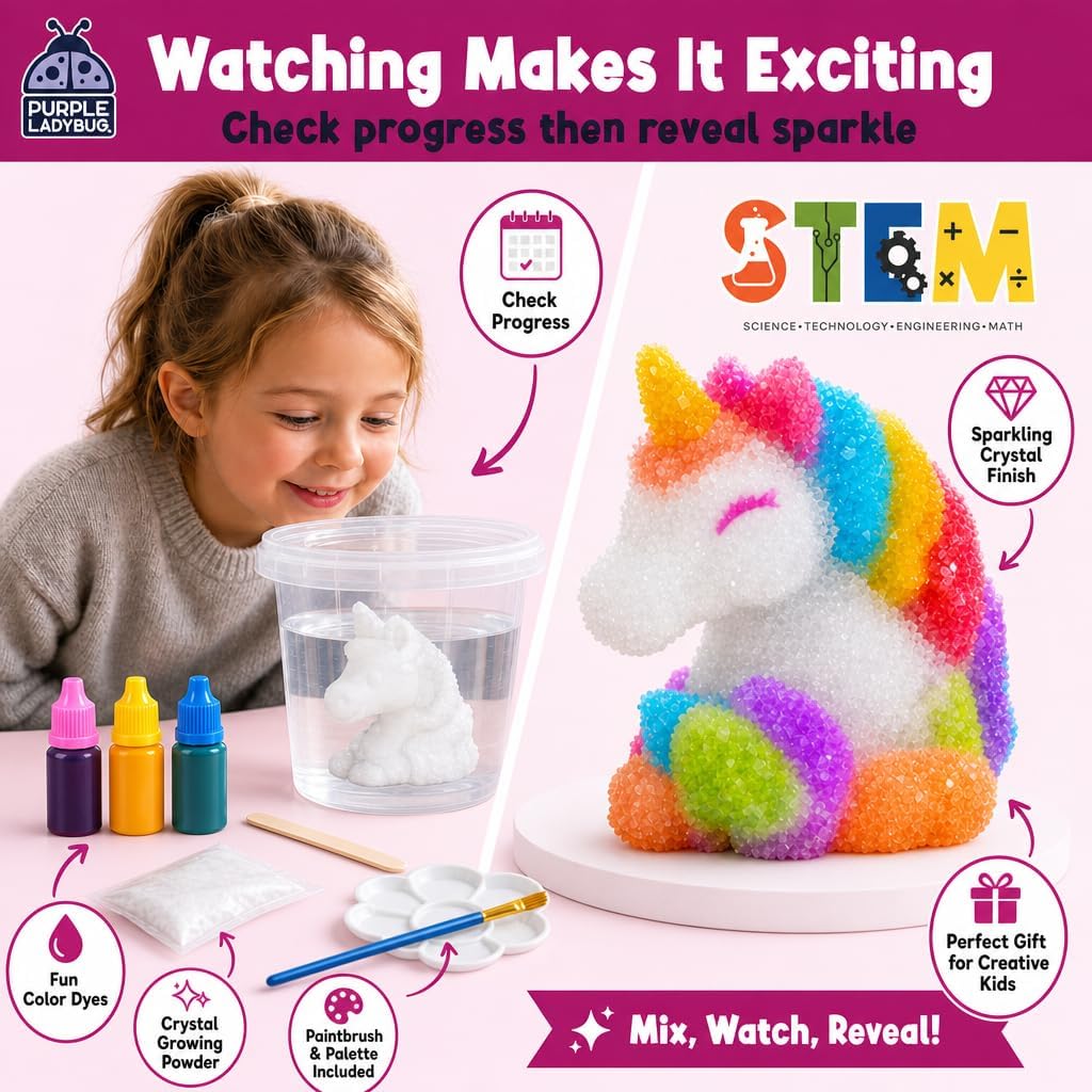 Crystal Growing Kit STEM Project for Kids Ages 8-12, Crystal Making Experiment for Girls, Grow Your Unicorn Crystal