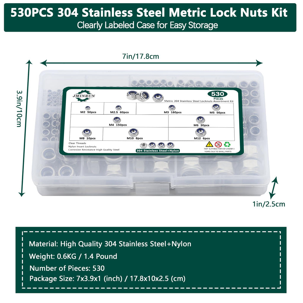 Metric Lock Nut Assortment Kit, 530PCS Nylon Insert Lock Nuts Set