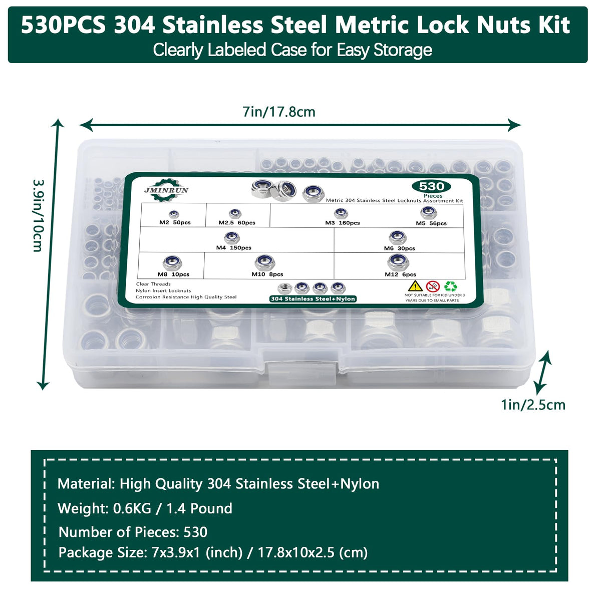 Metric Lock Nut Assortment Kit, 530PCS Nylon Insert Lock Nuts Set