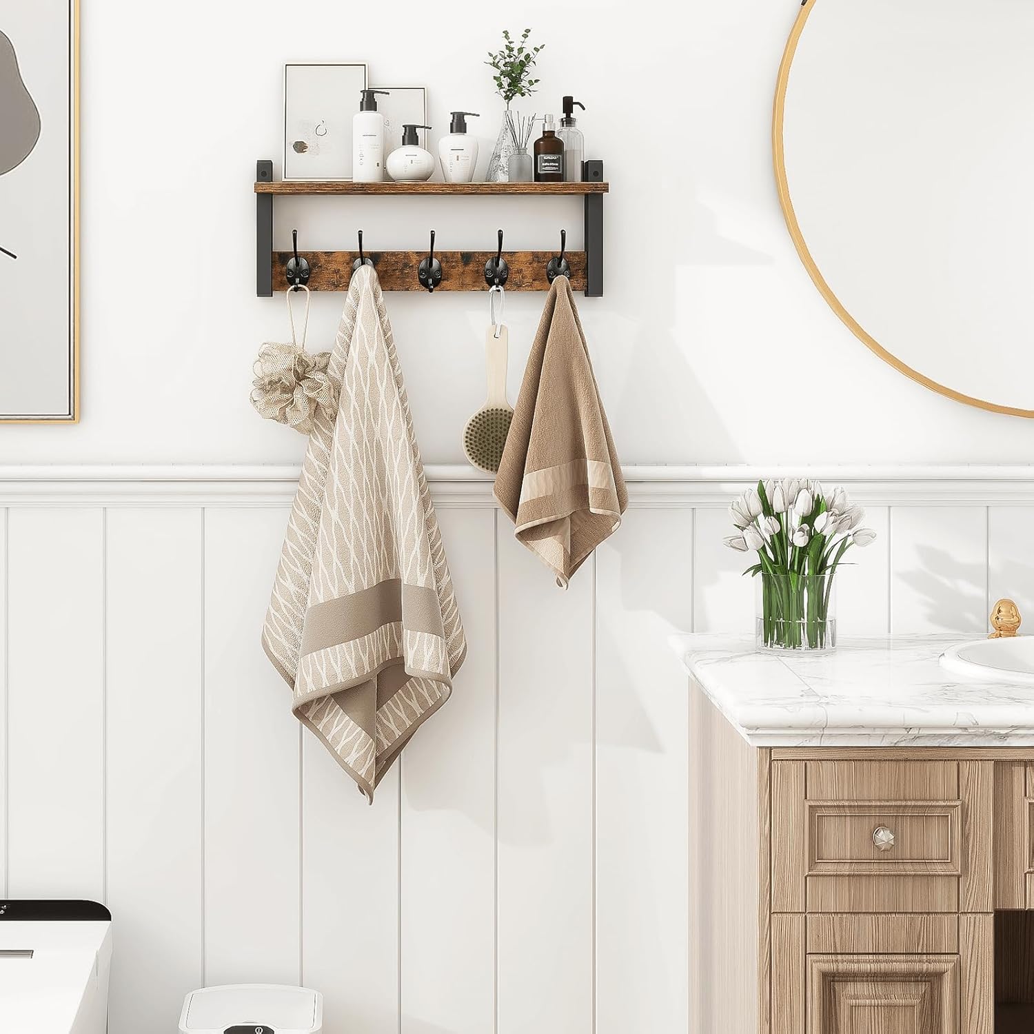 Wall Hooks with Shelf, Wood Coat Rack with Shelf Wall-Mounted, Entryway Hanging Shelves with 5 Metal Hooks for