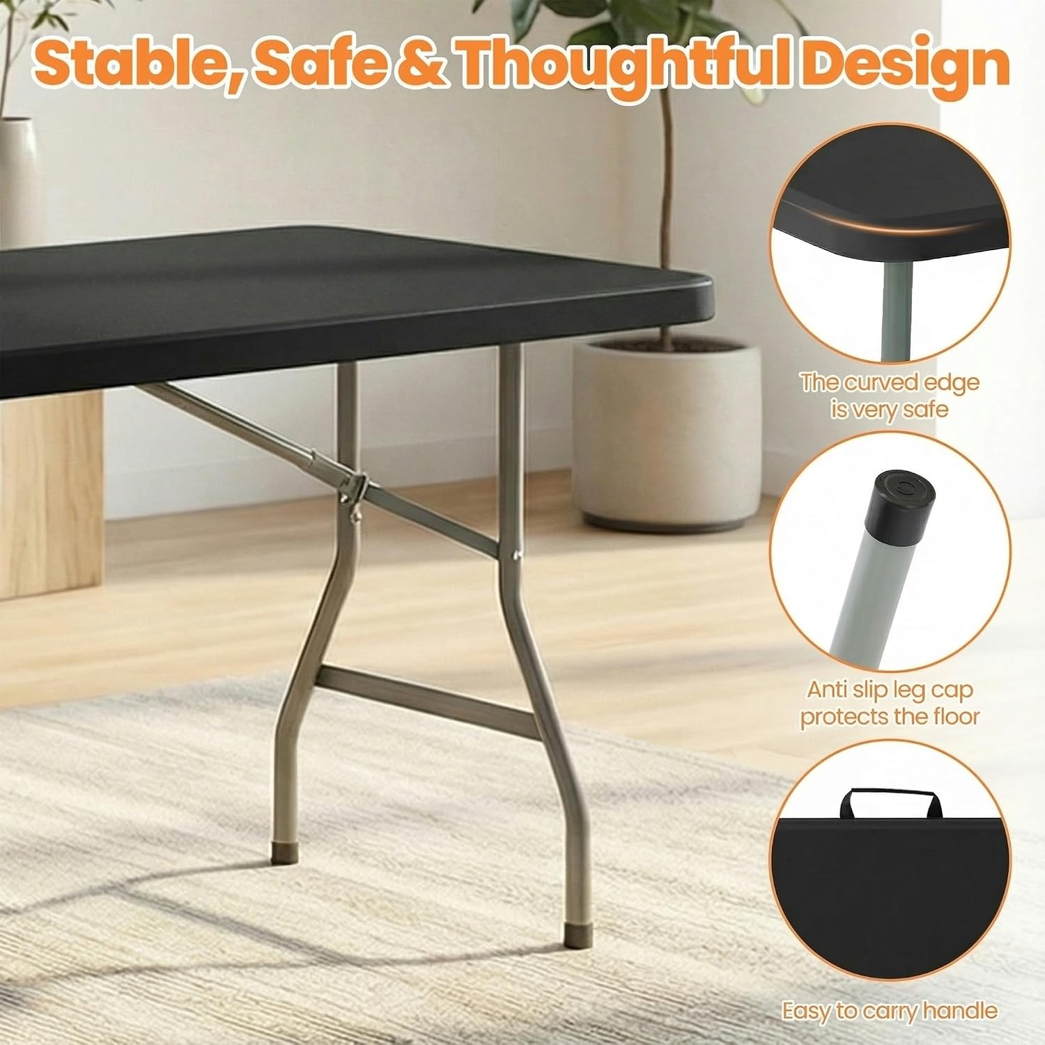 6FT Folding Table Set with 6 Plastic Folding Chairs, Black Heavy Duty Fold-in-Half Utility Table Chairs Sets for