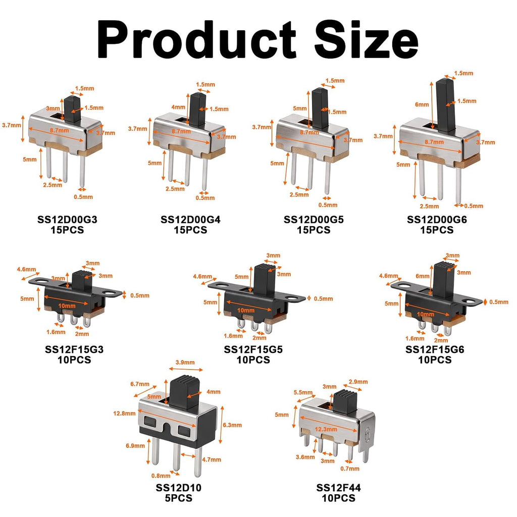 110PCS SPDT Mini Slide Switch Kit Micro Switch 9Values readboard Switches 1p2t Toggle Switches 2 Position 3 Pin Miniature Vertical Panel Mount Knob, SS12D00 SS12F15 SS12D10 SS12F44