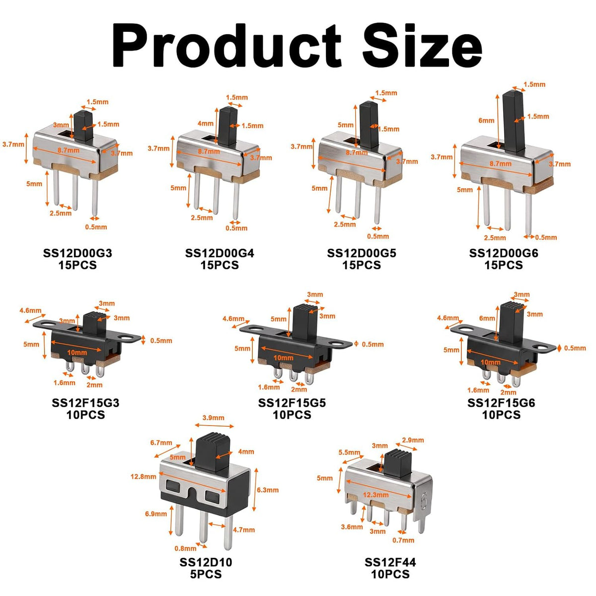 110PCS SPDT Mini Slide Switch Kit Micro Switch 9Values readboard Switches 1p2t Toggle Switches 2 Position 3 Pin Miniature Vertical Panel Mount Knob, SS12D00 SS12F15 SS12D10 SS12F44
