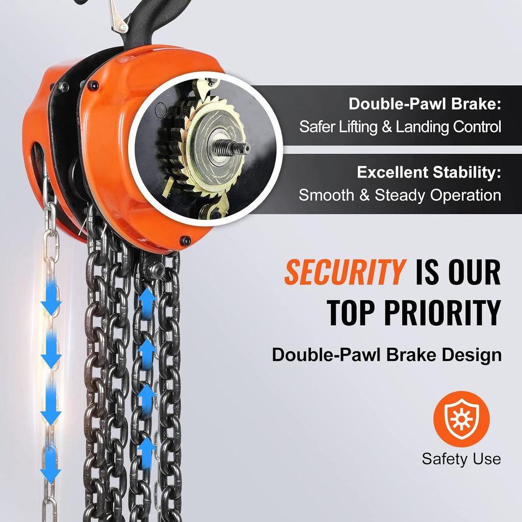 Hand Chain Hoist, 2 Ton 4400 lbs Capacity 10 FT Come Along, G80 Galvanized Carbon Steel with Double-Pawl Brake, Auto
