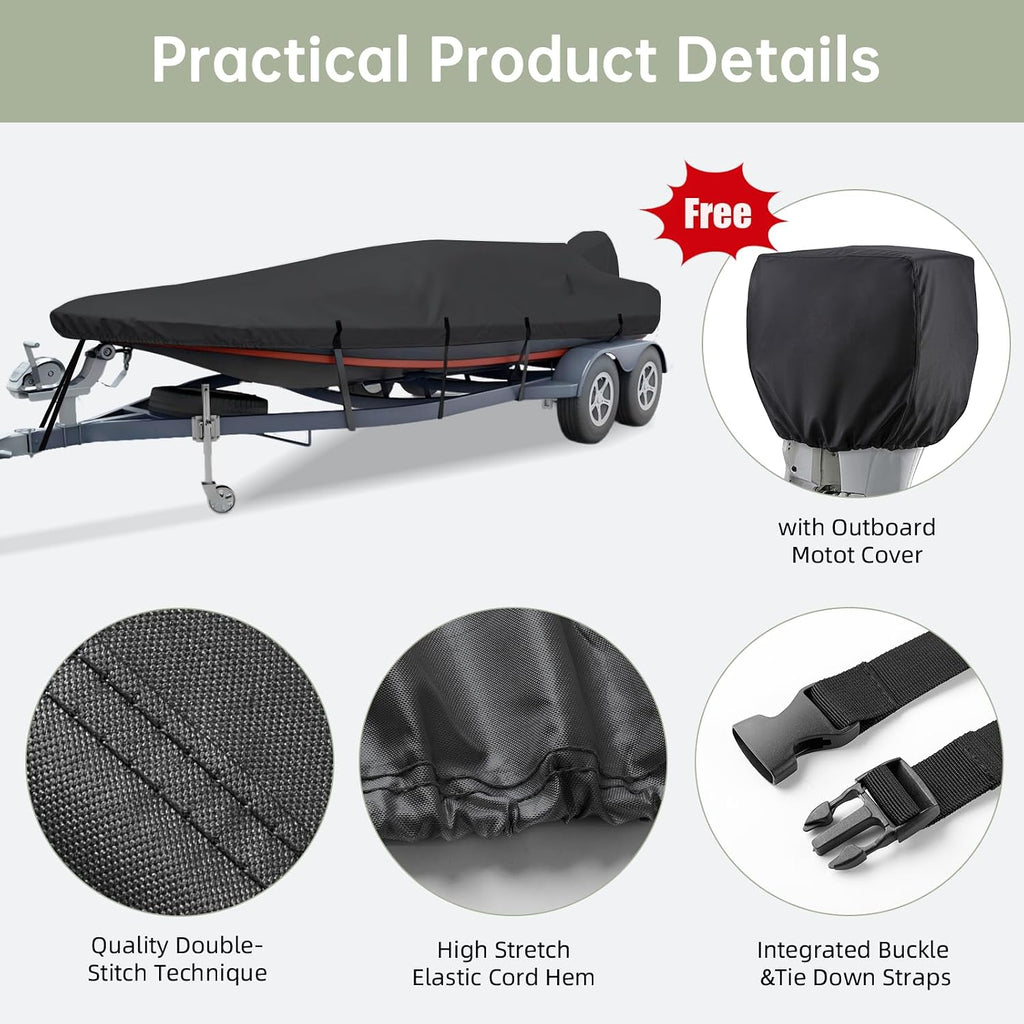 Waterproof 16'-18.5' Boat Cover with Motor Cover, Trailerable Cover | Marine Grade Oxford Fabric, UV & Tear