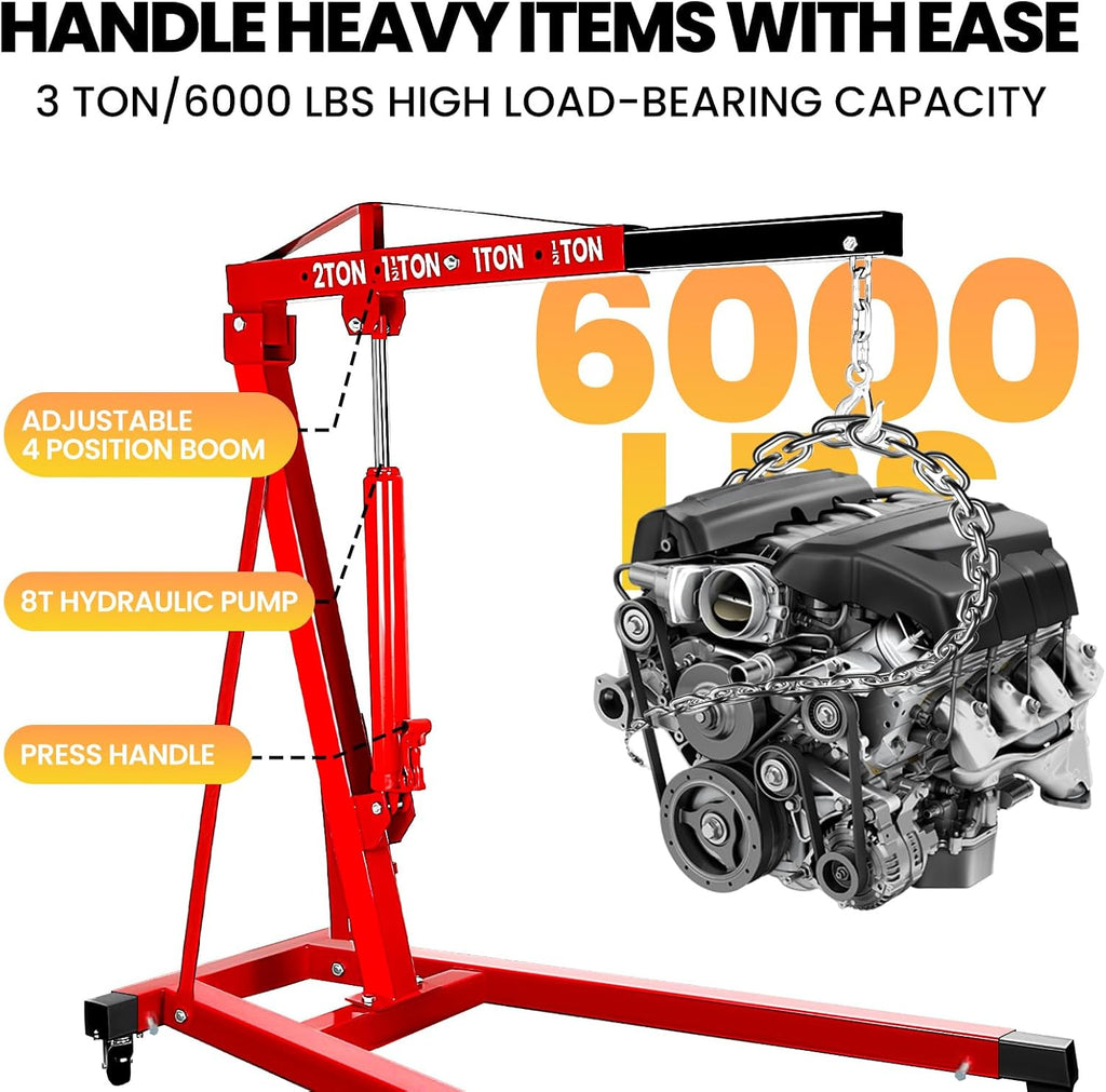 3Ton Engine Hoist Cherry Picker with 8 Ton Hydraulic Pump-6000 lb Heavy Duty Engine Lift Crane
