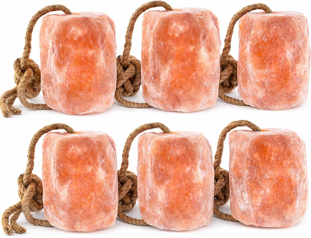 Himalayan Salt Lick 3 lbs On Rope for Horse, Deer, Goat, and Livestock Animals - Himalayan Salt Block 6 Pack