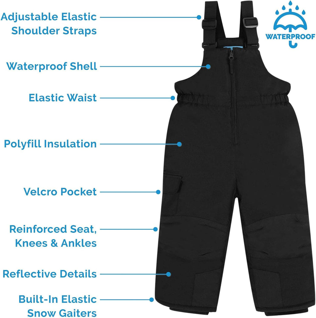 Waterproof Insulated Snow Bib Pants, Ski Overalls for Toddlers and Kids