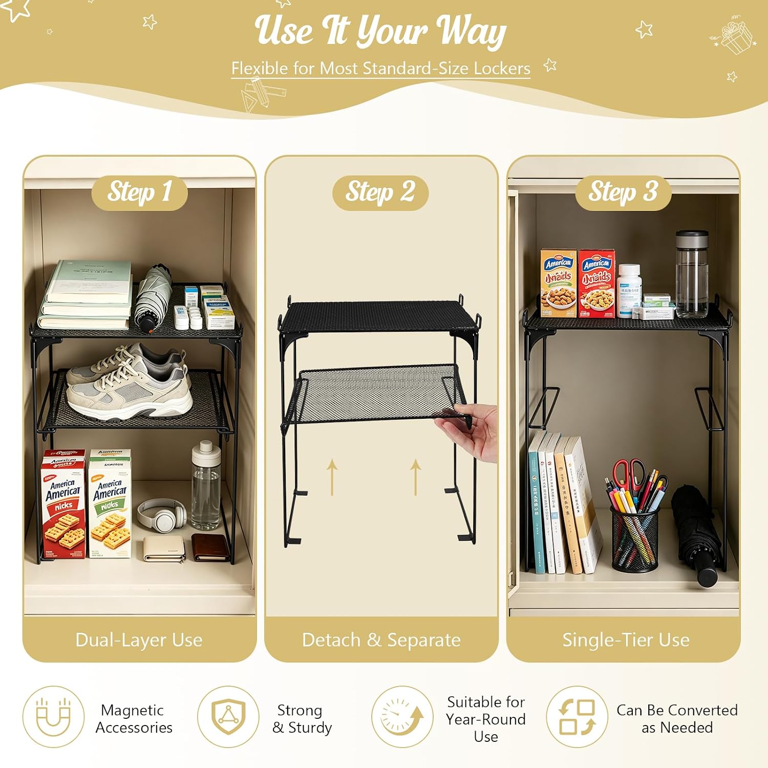 Black 2-Tier Locker Organizer Shelf Locker Accessories Kit, Metal Vertical Storage Rack with Magnetic Mirror