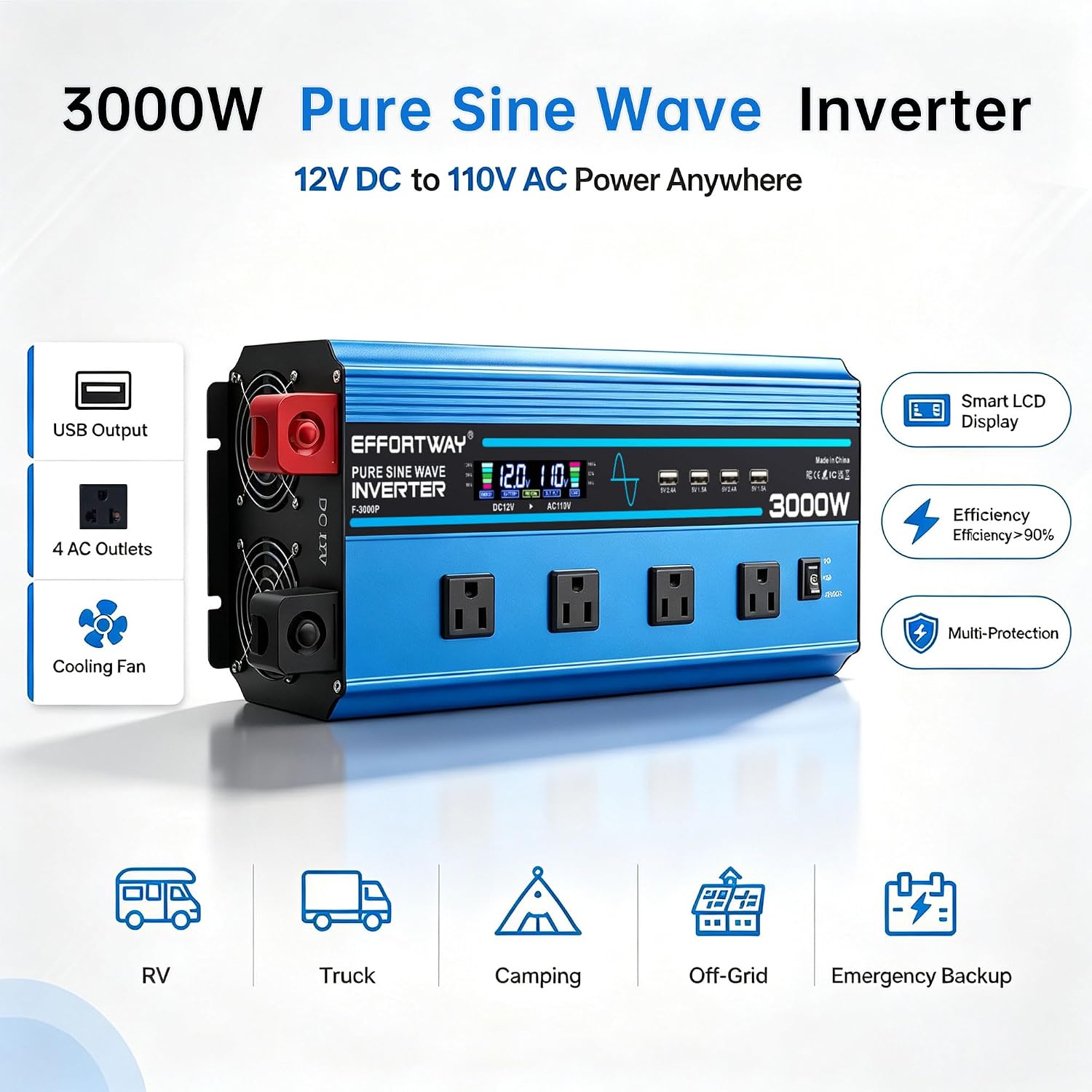 3000w Pure sine Wave Inverter DC 12V to AC 110V/120V Converter, 6000w (Peak) with LCD Display, Wireless/Wired Remote