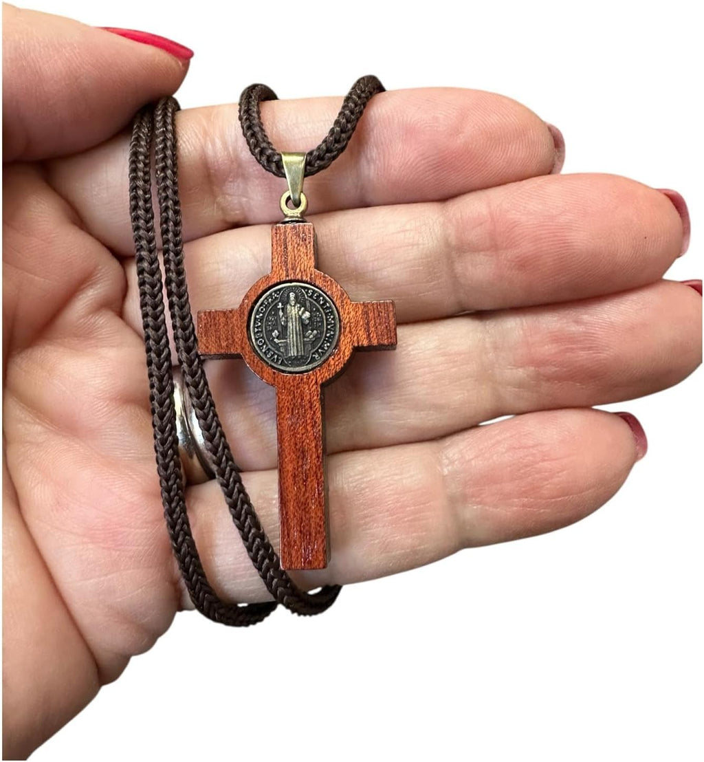 Saint Benedict Medal Wood Crucifix Cord Necklace for Men & Women – Handcrafted Religious Pendant, Healing, Travel