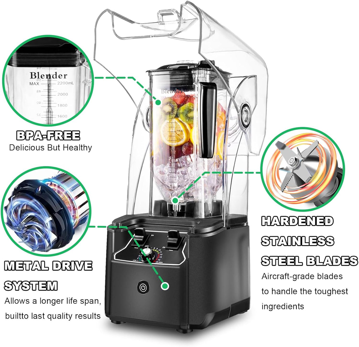 Cittiwo Professional Commercial Blender with Quiet Shield Enclosure 2200W