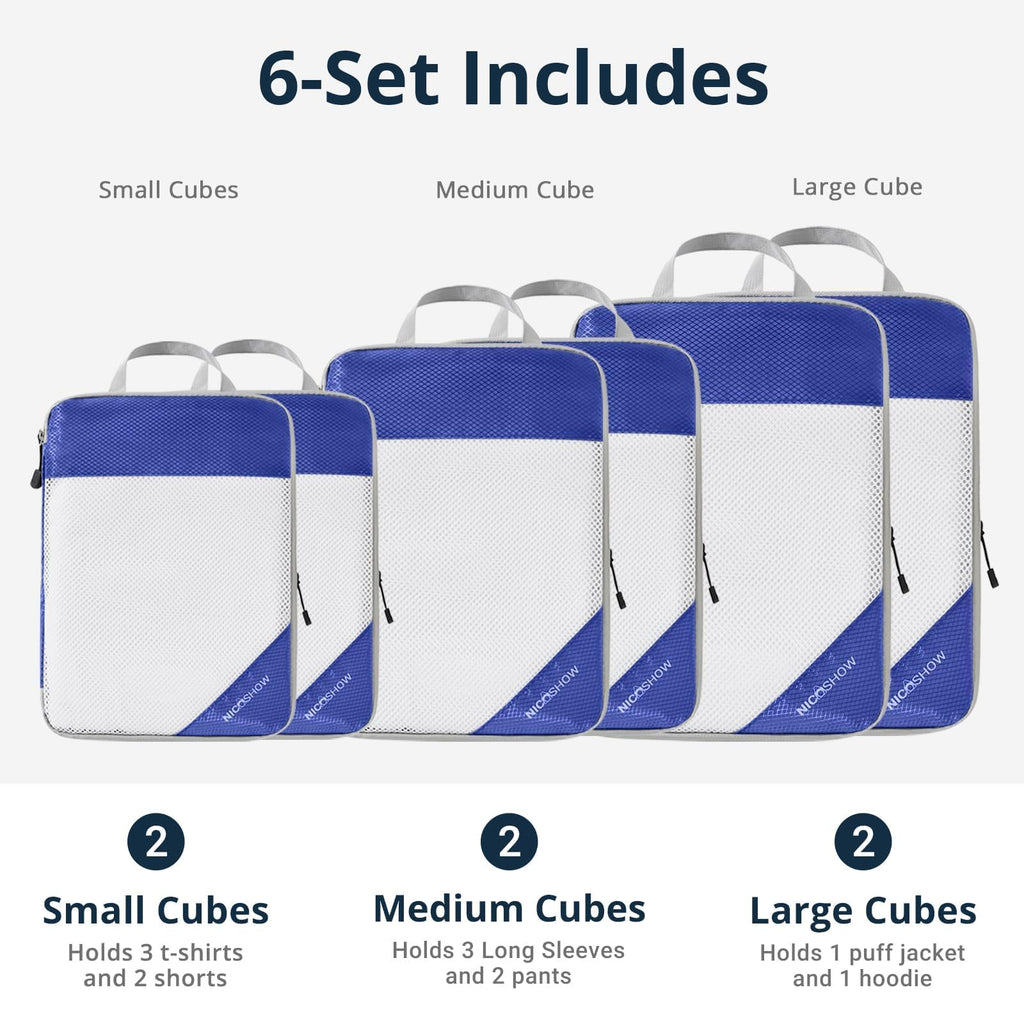 Compression Packing Cubes 6 Set, Compressible Space-Saving Packing Cubes for Travel - Compression Bags, Luggage