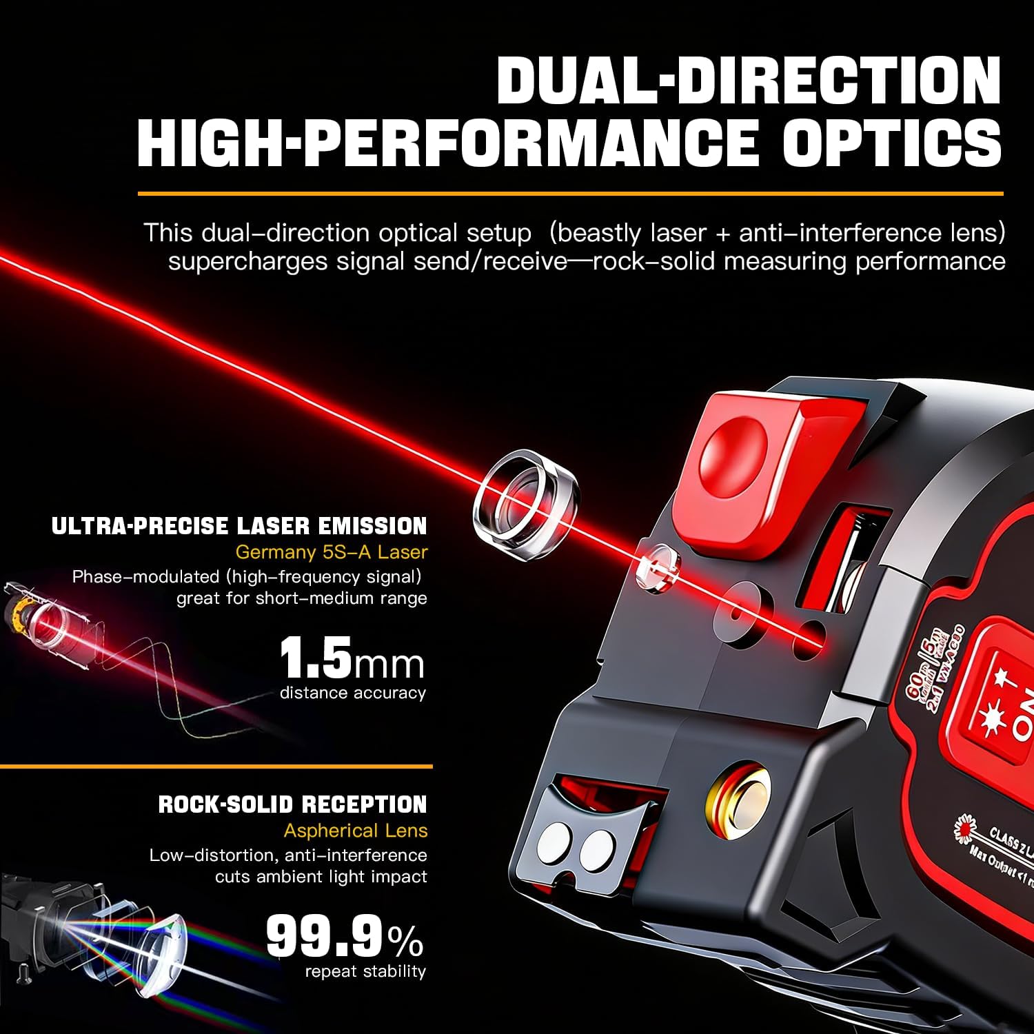 3-in-1 Laser Tape Measure - 196ft Max Laser Distance Meter & 16ft AutoLock Measuring Tape, ±1/16" Professional