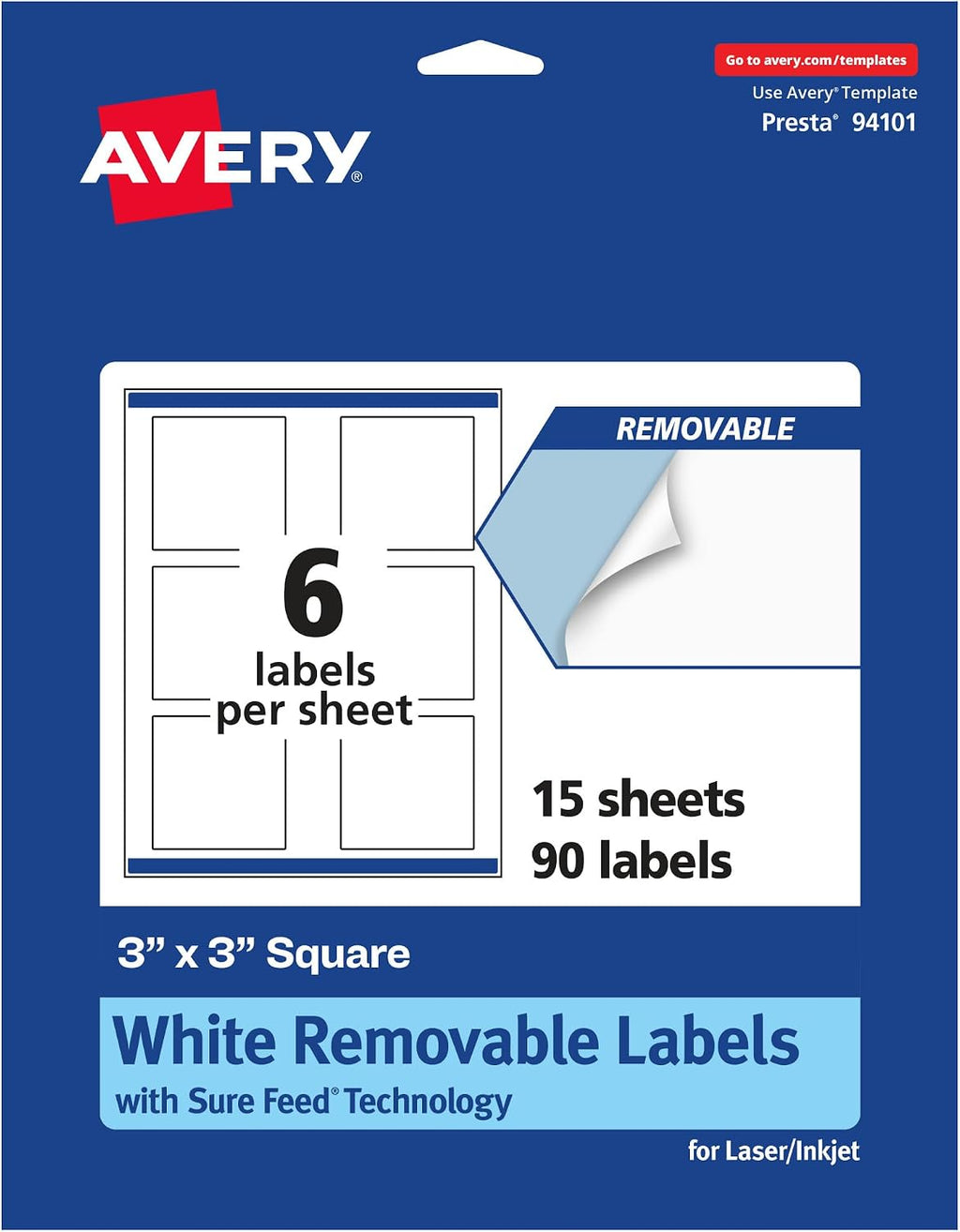 Matte White Removable Square Labels, Sure Feed Technology, Print-to-The-Edge, 3" x 3", 90 Removable Labels