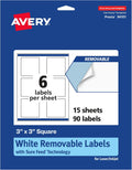 Matte White Removable Square Labels, Sure Feed Technology, Print-to-The-Edge, 3" x 3", 90 Removable Labels