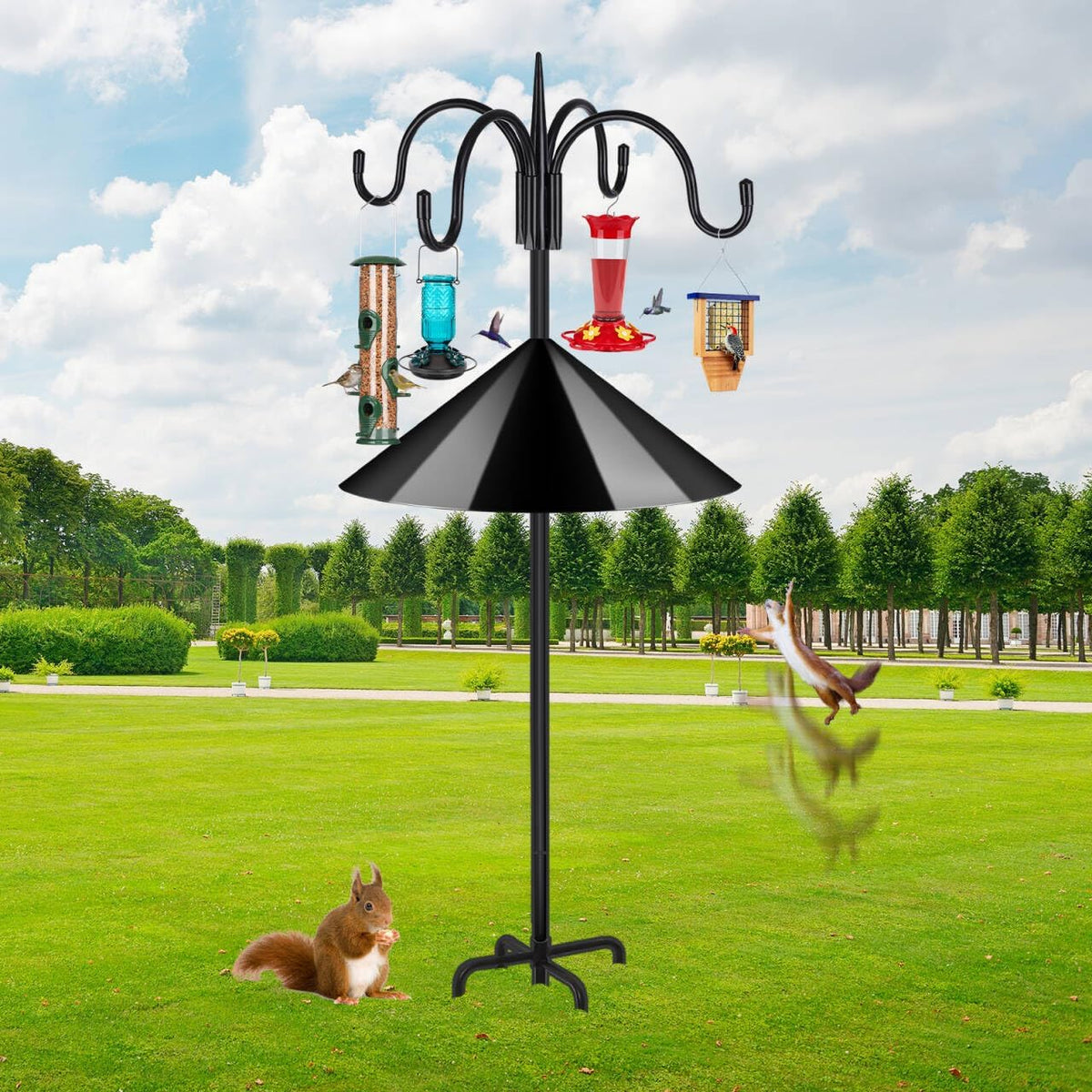 Heavy Duty Shepherds Hook Squirrel-Proof Bird Feeder Pole 92" Four Hooks 5-Prong Base & 19" Baffle for Outdoor