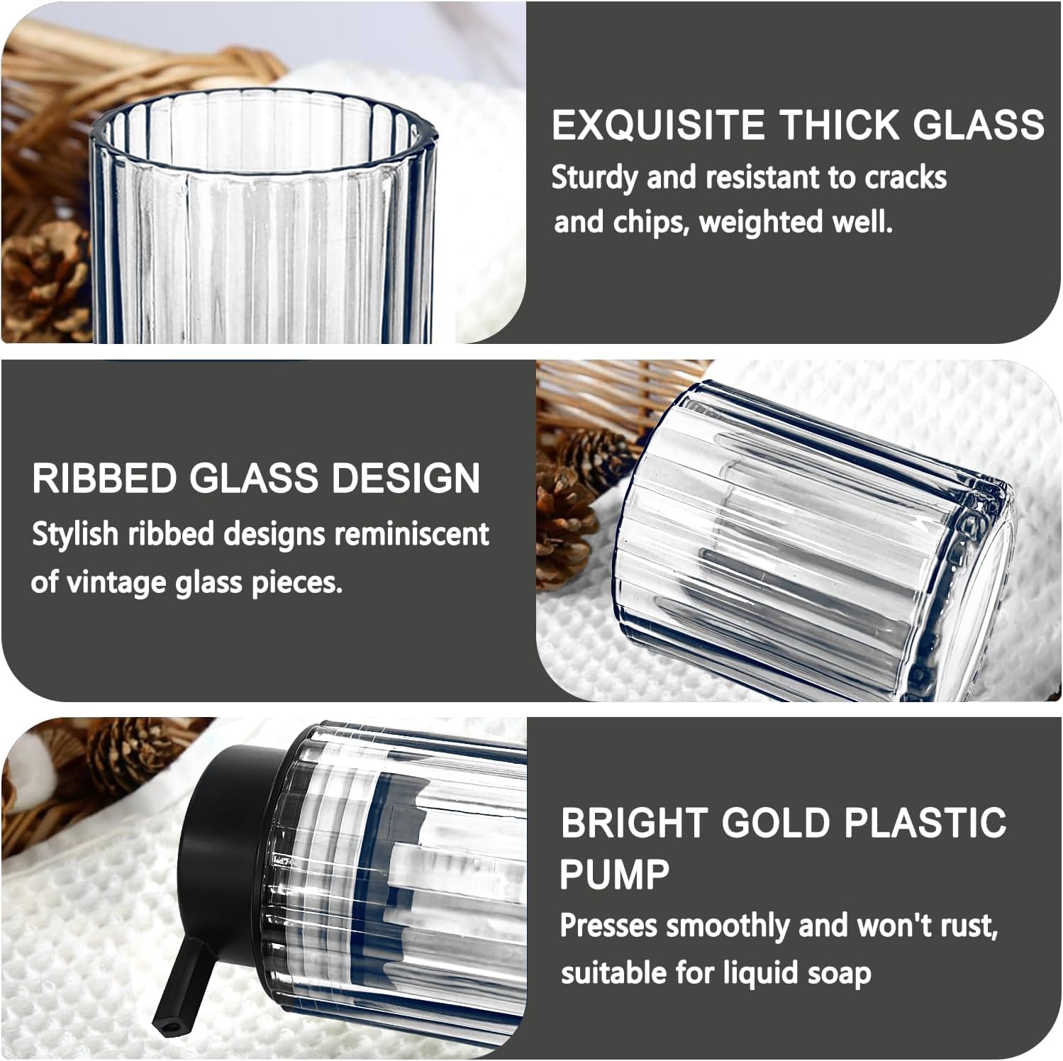 Bathroom Accessories Set, 4 PCS Glass Bathroom Set,Black Grey | Includes Soap Dispenser, Toothbrush Holder