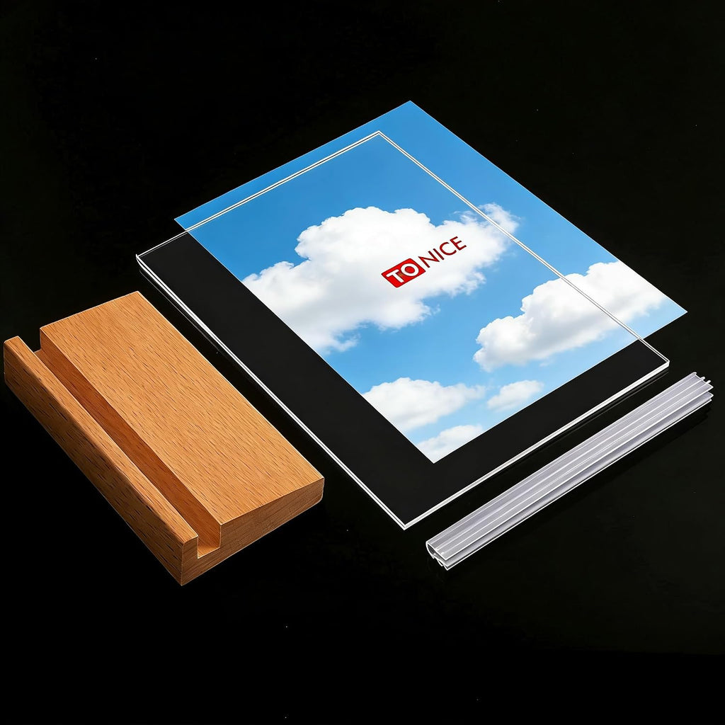 3 Pack 5x7 Acrylic Sign Holder Slant Back Design L Shape Clear Acrylic Frames Wood Base, Table Menu Display Stand