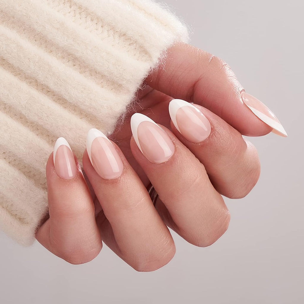 Press On Nails, Short Almond French Tip Nails, 32 Pcs Full Kit