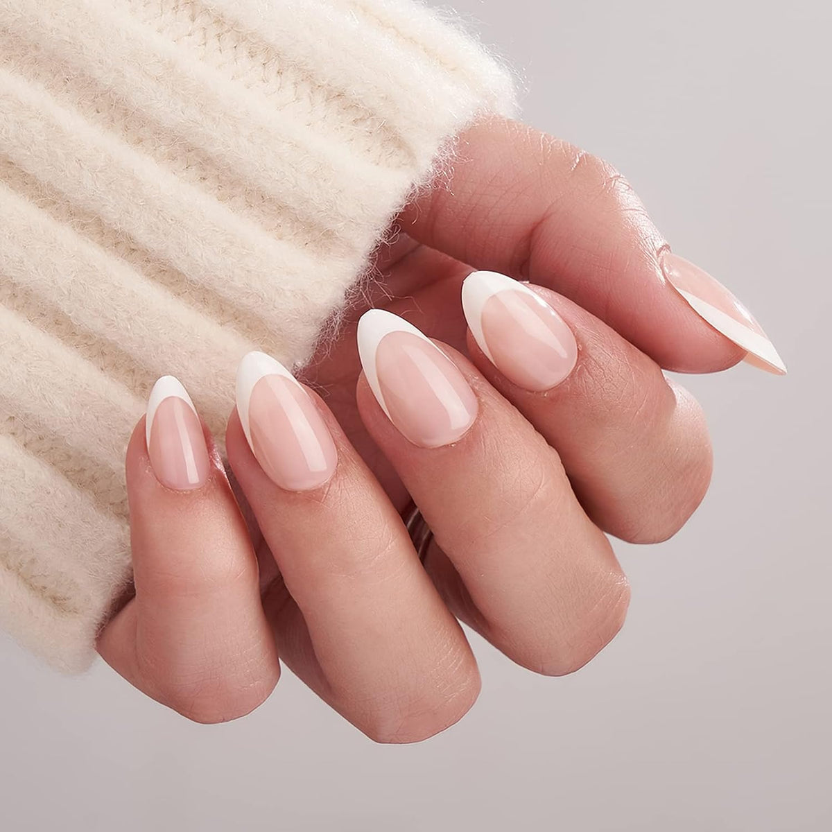 Press On Nails, Short Almond French Tip Nails, 32 Pcs Full Kit